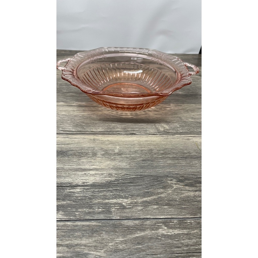 Vintage Pink Depression Glass Floral Etched Ribbed Serving Bowl with Handles 12"